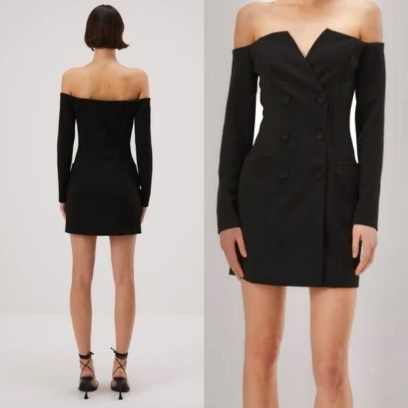 NEW NBD Double Breasted Crepe Blazer Mini Dress S Black Off The Shoulder - Picture 1 of 8